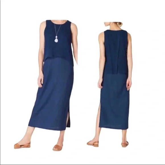 J. Jill | Dresses | J Jill Pure Jill Navy Blue Layered Linen Maxi Dress  With Side Slit Lage | Poshmark